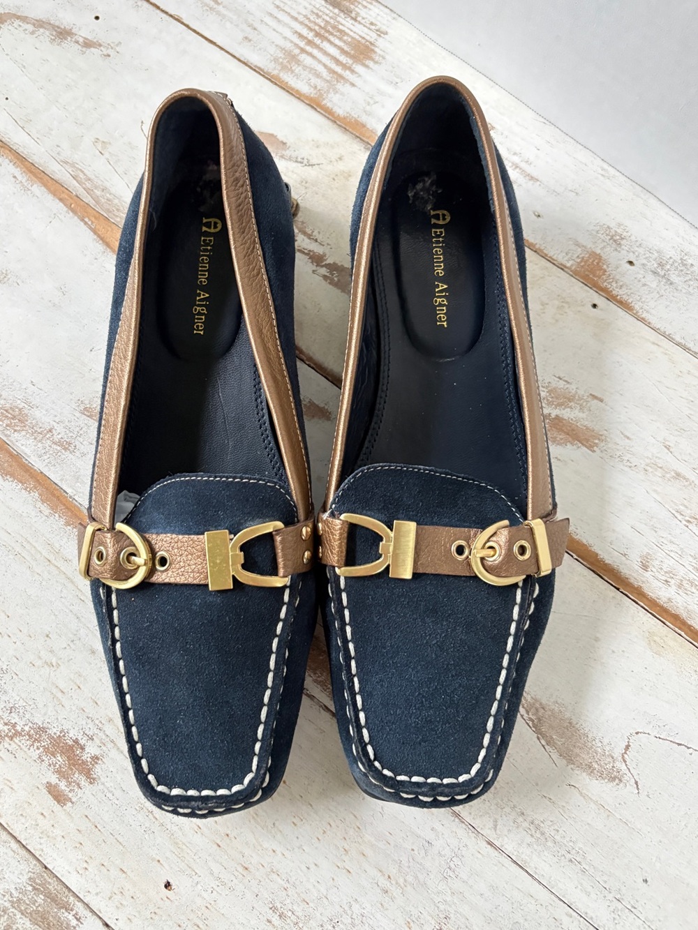 Vintage Y2K Etienne Aigner Navy Suede Loafers Bronze Trim buckles preppy sz 8.5